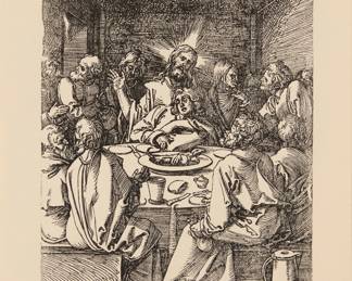 82 After Albrecht Durer (1471-1528) "The Last Supper," circa 1509-11 Woodcut on cream wove paper without watermark From the edition of unknown size and date, printed later With the artist's monogram printed near the center of the original block's lower edge; with text printed in the lower margin as part of the process for this later edition reading: "The Last Supper / Impression from the Original Block engraved by / Albert[sic] Durer" Image: 5 x 3 7/8 in.; Sheet: 10 1/4 x 8 3/8 in. Estimate: $300 - $500