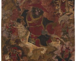 368 A thangka of Palden Lhamo/Sri Devi Tibet or greater Vajrayana Buddhist world, 19th century or later A painted panel on fabric with a fabric border depicting the 'Glorious Goddess' in her typical posture but atop an unusual elephant mount, beneath a Kagyu hierarch and above a possibly Chinese or Chinese inspired-guardian figure, further surrounded by an array of additional wrathful deities in a smoky hellscape. Image: 25 x 15 1/2 in.; Overall, sight: 29 1/2 x 17 1/2 in. Estimate: $500 - $700