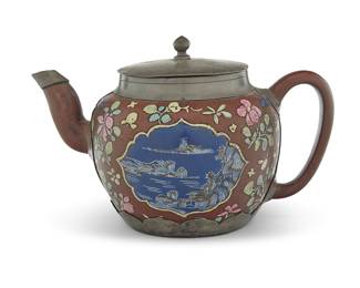 115 A Chinese pewter mounted polychrome pottery Yixing teapot Early 19th century or later Underside impressed with seal reading Shao Yuanxiang zhi Height 7 1/8 in., width 11 3/4 in., depth 7 3/8 in. Estimate: $2,000 - $3,000