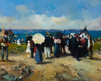 351 19th Century Continental School Figures gathered along the beach Oil on canvas Signed lower right: Marcella 24 x 36 in. Estimate: $700 - $900