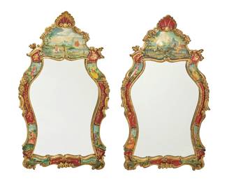 162 A pair of Venetian style painted carved wood mirrors Late 19th/early 20th century Depicting seven figural tableaus alternation with gilt on red filigree panels 2 pieces Height of each 49 1/2 in., width 28 1/2 in., depth 2 3/4 in. Estimate: $600 - $800