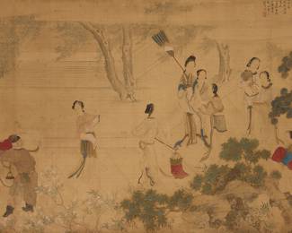 47 Jiang Rong (1834-1907) or signature of Jiang Rong Figures in a garden Pigment and ink on silk With lengthy poem, and signature reading 'jianhua'an zhu Jiang Rong zuo', with red seal reading 'Jianhua'an [x x]' in upper right Sight: 31 1/2 x 52 3/4 in. Estimate: $500 - $700