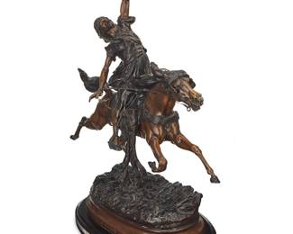 179 After Prosper Lecourtier (1855-1924) "Fantasia Arabe" Patinated bronze on marble and hardstone base Signed in the casting: P Lecourtier Height overall 35 1/4 in., width 27 1/2 in., depth 14 1/4 in. Estimate: $2,000 - $3,000