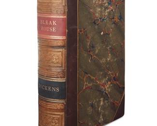 309 Charles Dickens (1812-1870) "Bleak House," 1853 Hardcover book Dicken, Charles. "Bleak House." Illustrated by H. K. Browne. London: Bradbury and Evans, 1853 First State, First Edition in book form The octavo in contemporary half leather binding with marbled boards and embossed spine, the page edges marbled, with 40 engraved plates, including typographical errors of note to pages 19, 209, and 275, likely bound from original serialized 19-as-20 issues Height 8 5/8 in., width 6 in., depth 2 in. Estimate: $300 - $500