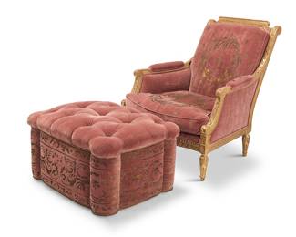 158 A Louis XVI style giltwood bergère and ottoman 20th century Each upholstered in pink velvet with gilt-printed foliate and star designs, the ottoman with tufting, with four matching pillows 2 pieces Height of chair 42 1/4 in., width 36 in., depth 44 in.; height of ottoman 20 in., width 35 in., depth 17 in. Estimate: $600 - $800