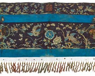 59 A Chinese embroidered silk hanging 19th century or later A wide valance-style two-layer hanging worked in polychrome silk embroidery on black silk, featuring multiple phoenix and branched floral and foliate motifs, with blue silk borders and knotwork tassels to the lower edge, and with an attached matching folded valance strip to top edge, all lined in glazed fabric, likely cotton 2 ft. 1 in. x 6 ft. 11 in. approximately; total height with tassels 32 in. Estimate: $700 - $900