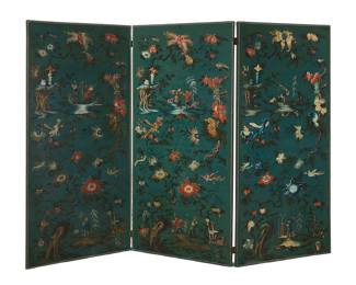 362 An Italian polychrome three panel folding screen Second half 18th century Decorated in a chinoiserie style, depicting exotic birds, flowering branches, and figures of Chinese men engaged in various activities within stylized garden landscapes, oil on canvas with wood frames and fabric backing with brass tacking Each panel high 72 in., width 34 1/2 in., depth 1 1/8 in.; stored depth 4 in. Estimate: $800 - $1,200