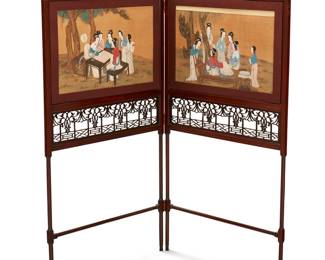 315 A George III mahogany two panel fire screen In the manner of Thomas Chippendale (1718-1779), circa 1765 Each panel with an inset Chinese painting on silk depicting women at leisure, over a pierced fret-carved section Height of each panel 48 in., width 25 in. Estimate: $800 - $1,200