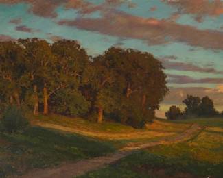 140 Gottfried Kallstenius (1861-1943) A meadow path and trees at dusk, 1910 Oil on canvas laid to canvas Signed and dated lower left: G. Kallstenius / 1910; inscribed in pencil "LKV 40" and in blue pencil "No. 36" all on the stretcher, likely in another hand 40 1/4 x 73 3/8 in. Estimate: $5,000 - $7,000