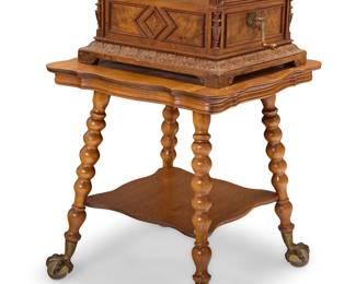 270 A Polyphon Musikwerke rosewood music box, model 45D Circa 1890; Leipzig, Germany With dual combs and single 15 1/2 in . disc, housed in a rosewood case and raised on an associated oak stand with turned legs ending in metal and glass ball-and-claw feet Marked to soundboard: POLYPHON Height of box 13 1/2 in., width 22 3/4 in., depth 20 3/4 in.; height of stand 30 in., width 28 in, depth 28 in. Estimate: $1,500 - $2,000