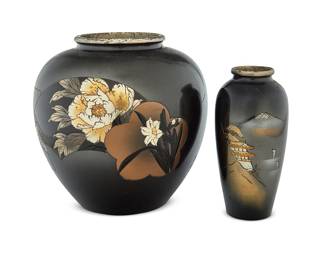 209 Two Japanese shibuichi and shakudo miniature vases Late Meiji era (1868-1912) or later Each with engraved and partially silvered decorations One bearing impressed signature possibly reading 'Shiizuka' 2 pieces Height of larger 5 7/8 in., diameter 6 1/8 in.; height of smaller 4 7/8 in., diameter 2 3/8 in. Estimate: $2,000 - $3,000