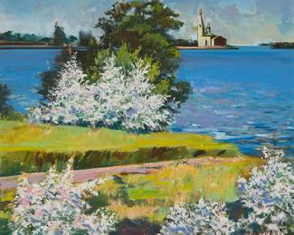 117 20th Century Ukrainian School "By the Lake," circa 1986-89 Oil on canvas Signed in Cyrillic and dated "89" lower right; signed again and titled in Cyrillic, and alternatively dated "1986," all verso; signed and titled again in Cyrillic, in ink, on a label affixed verso 21 x 25 in. Estimate: $2,000 - $3,000