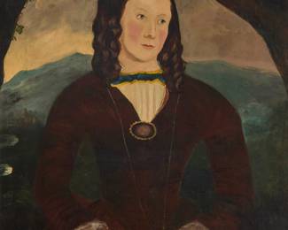 278 In the Manner of William Matthew Prior (1806-1873) Portrait of a woman wearing a cameo brooch Oil on canvas laid to canvas Unsigned 26 x 21 3/4 in. Estimate: $500 - $700