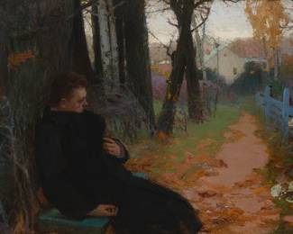 357 Grigory Petrovitch Svetlitsky (1872-1947) Man resting in an autumn landscape Oil on canvas laid to canvas Signed in Cyrillic lower left 33 3/8 x 51 1/4 in. Estimate: $3,000 - $5,000
