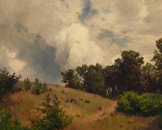 130 Joseph Rummelspacher (1852-1921) "Neumärkischer Buchenwald," 1899 Oil on panel Signed and dated lower left: Rummelspacher / 99; signed "Jos. Rummelspacher," titled, and inscribed with the artist's Berlin address, all in ink, verso 16 1/4 x 12 3/8 in. Estimate: $600 - $800