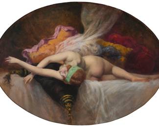 257 Albert Joseph Penot (1862-1930) "Seductrice," circa 1910 Oil on board Signed lower right: A. Pinot; titled and dated on a gallery label verso Oval: 18 x 24 1/2 in. Estimate: $800 - $1,200