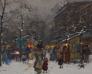 350 Eugène Galien-Laloue (1854-1941) Paris street scene with figures and market stalls Gouache and watercolor on paperboard Signed lower left: E. Galien-Laloue 8 x 12 5/8 in. Estimate: $2,000 - $3,000