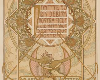 234 Alphonse Mucha (1860-1939) 6th prayer plate, from "Le Pater" folio, 1899 Lithograph in colors on Japan paper From the deluxe edition of only 10 on Japan paper (the total edition was 510) Appears unsigned; F. Champenois, Paris, France, prntr.; H. Piazza & Cie, Paris, France, pub. Sight: 15 1/4 x 11 1/8 in. Estimate: $500 - $700