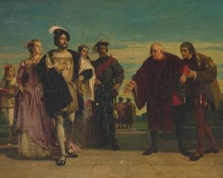 75 In the style of Giuseppe Bertini (1825-1898) An elderly Christopher Columbus meeting King Ferdinand II and Queen Isabella I of Spain Oil on canvas laid to canvas Signed lower right: G. Bertini 58 1/2 x 43 3/8 in. Estimate: $1,000 - $1,500