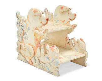 289 A Continental polychrome carved wood carousel chariot bench Late 19th/early 20th century The sides carved and painted with whimsical pigs Height 31 1/2 in., width 24 1/4 in., depth 35 in. Estimate: $500 - $800