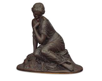 151 After Charles Cumberworth (1911-1852) Maiden with dove Patinated bronze Signed in the casting: CUMBERWORTH Dept; foundry mark: L. Larchand Edtr. Height 12 1/4 in., width 12 1/2 in., depth 7 3/4 in. Estimate: $300 - $500