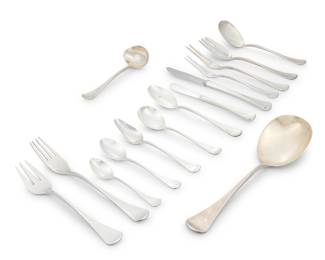 42 A W. & S. Sørensen sterling silver 'Patricia' flatware service Mid-20th century; Denmark Comprising: 12 dinner knives 12 dinner forks 9 salad forks 12 tablespoons 12 cream soup spoons 8 teaspoons 12 demitasses spoons 11 grapefruit spoons 12 butter knives 2 two-tine serving forks 2 serving spoons 1 serving fork 1 small ladle Each marked: W&S SORENSON / STERLING / DENMARK 106 pieces Total weighable sterling 102.1 oz. troy approximately Estimate: $3,000 - $5,000