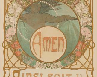236 Alphonse Mucha (1860-1939) Amen plate, from "Le Pater" folio, 1899 Lithograph in colors on Japan paper From the deluxe edition of only 10 examples on Japan paper (the total edition was 510) With the printed signature and date in the green background, lower right: Mucha / 99; F. Champenois, Paris, France, prntr.; H. Piazza & Cie, Paris, France, pub. Sight: 15 1/8 x 11 1/4 in.; Sheet: 15 7/8 x 11 3/4 in. Estimate: $500 - $700