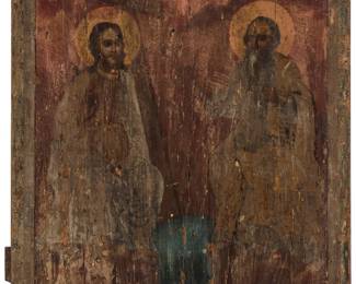 343 A 19th Century Russian Icon Holy Trinity Paint and gold leaf on panel Unsigned 23 x 17 1/4 x 1 3/4 in. Estimate: $300 - $500