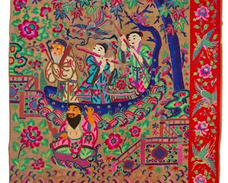 67 A massive Chinese embroidered silk hanging Late Qing dynasty (circa 1839-1912) or later The extra large textile fragment with vibrant polychrome silk and gilt wrapped thread embroidery, depicting Immortals on a boat in a garden amidst trees, floral motifs and stylized waves, with a partial red silk border to two sides featuring multiple auspicious exotic birds and flowers, fully lined in burnt orange cotton fabric Embroidery 8 ft. 10 1/2 in. x 6 ft. 10 in.; Overall height 11 ft. 7 in. approximately Estimate: $5,000 - $7,000