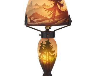 229 A Mueller Freres cameo glass landscape boudoir lamp Early 20th century The single-socket lamp standard and shade depicting an alpine lake scene, electrified Marked in the cameo of shade rim: MULLER FRES / LUNEVILLE Height 14 in., diameter 6 1/4 in. Estimate: $1,000 - $2,000