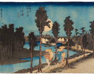 212 Utagawa Hiroshige (1797-1858) "Numazu, tasogare zu" (Twilight), from the series "Tokaido gojusan tsugi no uchi" (Fifty-three Stations of the Tokaido), circa 1833-34 Woodcut in colors on paper From the edition of unknown size With Japanese characters and seals printed and stamped in black and red ink in the upper left; Takenouchi Magohachi (Hoeido), pub.; identified in ink in another hand on the verso of the frame's backing board Image/Sheet: 9 x 14 in. Estimate: $700 - $900