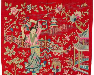 61 A massive Chinese embroidered figural hanging Late 19th century or later The large textile worked on red silk with vibrant polychrome silk and gilt wrapped thread embroidery, depicting a beautiful maiden and a large fish in a garden landscape with an elaborate pavilion, branching trees and flower sprigs, with various auspicious motifs including a stylized border of gilt thread waves to the lower edge, the textile fully lined in printed cotton calico fabric Embroidery 7 ft. 7 1/2 in. x 6 ft. 10 1/2 in.; Overall height 9 ft. approximately Estimate: $1,500 - $2,500