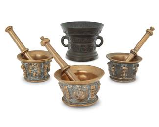 83 Three French bronze mortars and pestles 17th/18th century together with a reproduction Dutch bronze mortar marked '62 63 64 65 66' and cast 'Henryck Te...Horst Me Fecyt' 7 pieces Height of largest French 3 1/2 in., diameter 5 1/4 in.; height of Dutch 4 5/8 in., diameter 6 in. Estimate: $600 - $800