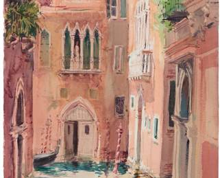 356 Timothy John Clark (b. 1951) "Morning, Vicino de Fenice," 1999 Watercolor on Arches Aquarelle paper Signed in pencil upper left: Timothy Clark; dated from an exhibition label affixed to the frame's backing paper Sheet: 22 1/4 x 15 in. Estimate: $500 - $700
