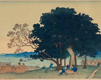 210 Charles William Bartlett (1860-1940) "Isogo," 1916 Woodcut in colors on paper From the edition of unknown size Signed in red pencil in the lower margin: Charles W. Bartlett; with the artist's monogram, title, and date in the image at lower right Image: 10 1/2 x 15 in.; Sight: 10 3/4 x 15 1/4 in. Estimate: $800 - $1,000