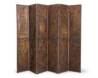 94 A Spanish Baroque style polychrome leather six panel floor screen 19th century Each panel with brass tacking and burlap backing, mounted to a wood frame, painted and gilt with floral motifs and filigree Height of each panel 81 1/4 in., width 14 1/4 in., depth 1 3/8 in.; depth stored 8 in. Estimate: $700 - $900