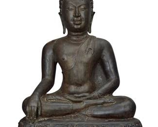 366 A Southeast Asian bronze seated Buddha in the Sukhothai style 20th century or earlier Depicted with hands in Bhumisparsha mudra Height 18 1/2 in. width 14 in. depth 8 in. Estimate: $800 - $1,200