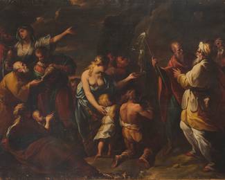 73 In the style of Giovanni Francesco Barbieri ("Il Guercino") (1591-1666) Moses striking the rock Oil on canvas laid to canvas Unsigned 51 1/2 x 68 in. Estimate: $4,000 - $6,000
