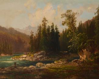 128 Joseph Jacob Burgaritzky (1836-1890) Figures along a river in a wooded landscape Oil on canvas laid to canvas Appears unsigned; artist attribution from the frame plaque 19 1/2 x 32 in. Estimate: $400 - $600