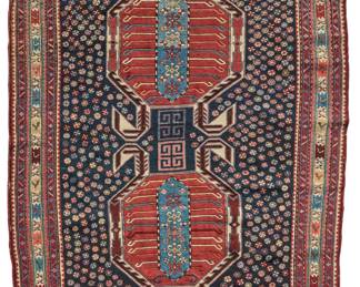 301 A Kazakh rug Circa 1920; Southwest Caucasus Wool on wool foundation 6 ft. 7 in. x 4 ft. 10 in. approximately Estimate: $600 - $800
