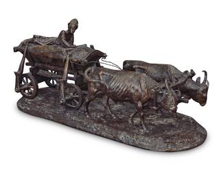 347 A patinated bronze sculpture of a Ukrainian chumak driving oxen After a model by Evgeni Alexandrovich Lanceray (1848-1886), 20th century With Cyrillic inscription in the bronze translated as 'Sculpted by E. Lanceray 1879 Cast by F. Chopin' Height 8 7/8 in., width 20 3/4 in., depth 7 1/2 in. Estimate: $800 - $1,200