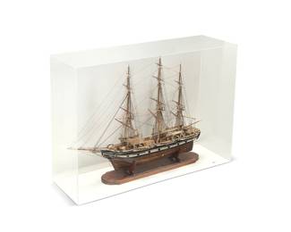 337 A wood model of whaleship "Alice Mandell" 20th century Museum class A, scratch-built model of solid wood, copper detail, and painted with ship's name, in a custom Plexiglas case with wood base Scale 3/16" = 1' Height 26 3/4 in., width 34 in., depth 10 1/2 in.; height of case 28 1/4 in., width 38 1/4 in., depth 12 1/4 in. Estimate: $600 - $800