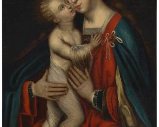 79 Attributed to Ambrosius Benson (circa 1495-1550) Madonna and Child Oil on canvas laid to canvas Unsigned; inscribed in ink in another hand "Vierge su XVI siècle - Ambrosius Benson" on the frame's backing paper 37 3/4 x 23 in. Estimate: $4,000 - $6,000