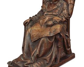 150 After Vincenzo Vela (1820-1891) "The Last Days of Napoleon" Patinated bronze Signed in the casting: V VÉLA; foundry mark: F. BARBEDIENNE, Fondeur; impressed with head in profile and: REUCTION MECHANIQUE / A COLLAS / BREVETE Height 7 1/2 in., width 5 1/4 in., depth 7 1/4 in. Estimate: $1,500 - $2,500