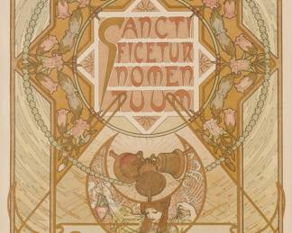 222 Alphonse Mucha (1860-1939) 2nd prayer plate, from "Le Pater" folio, 1899 Lithograph in colors on Japan paper From the deluxe edition of only 10 examples on Japan paper (the total edition was 510) Appears unsigned; F. Champenois, Paris, France, prntr.; H. Piazza & Cie, Paris, France, pub. Sight: 15 1/8 x 11 1/4 in. Estimate: $500 - $700