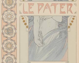220 Alphonse Mucha (1860-1939) Title plate, from "Le Pater" folio, 1899 Lithograph in colors on Japan paper From the deluxe edition of only 10 examples on Japan paper (the total edition was 510) With the artist's name, the title of the series, and the names and addresses of the printer and publisher all printed as part of the image; F. Champenois, Paris, France, prntr.; H. Piazza & Cie, Paris, France, pub. Sight: 15 3/8 x 11 1/2 in. Estimate: $500 - $700