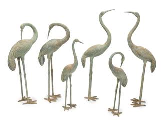 282 A group of six patinated bronze garden cranes 20th century Comprising two near-pairs and two singles 6 pieces Height of tallest 58 1/2 in., width 20 1/2 in., depth 10 1/2 in. approximately; height of shortest 36 in. Estimate: $800 - $1,200