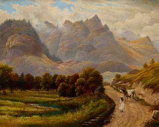 135 James Barnes (1870-1923) "Gate Crags, Borrowdale, Cumberland," 1898 Oil on canvas Signed and dated lower left: J. Barnes / 1898; titled in pencil on the stretcher 16 x 24 in. Estimate: $500 - $700