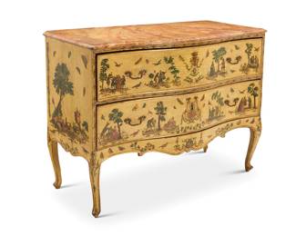142 An Italian Rococo lacca povera commode 18th century The faux marble top above a conforming case fitted with two drawers, decorated with figural tableaus and butterflies Height 34 1/4 in., width 45 in., depth 21 1/2 in. Estimate: $1,500 - $2,000