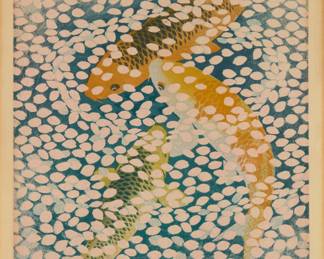 213 Shiro Kasamatsu (1898-1991) "Waves of Petals," 1956 Woodcut in colors on paper Edition: B 72/100 Signed in ink and with a red ink seal in the lower right image corner: Shiro Kasamatsu; alternatively titled "Floating Beauty" and dated in ink in the lower margin; numbered in pencil (partially obscured by the mat) and with a red ink seal in the left margin Image: 14 1/4 x 9 3/4 in.; Sheet (irreg.): 16 x 11 in. (approx.) Estimate: $400 - $600